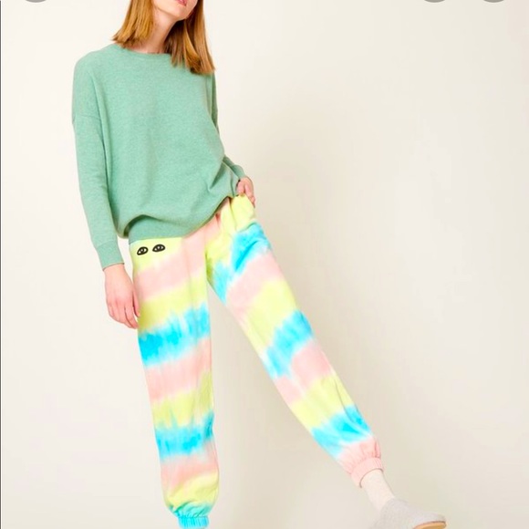 New Clare V x Anthropologie Eyes XS Tie-Dye Pastel Pink Yellow Fleece Joggers - Picture 2 of 5